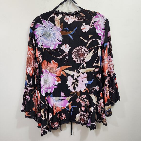 Knox Rose NWT tie front 3/4 bell sleeve floral print coverup woman's size small - Picture 3 of 13